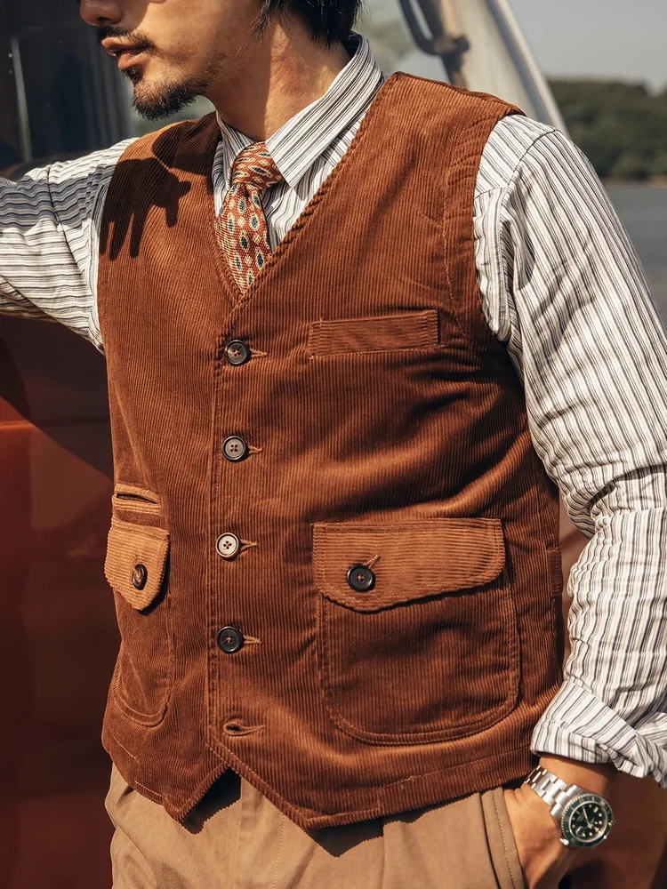 Red Tornado Vintage-Inspired Corduroy Vest Fall Winter Mens Casual V Neck Waistcoat