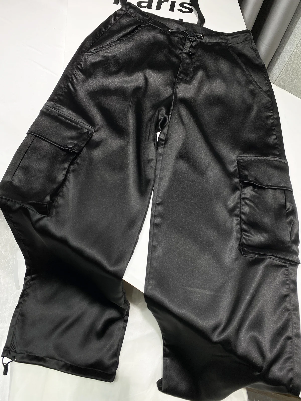 Silk Pink Drawstring Satin Baggy Cargo Pants Women Summer Solid Black Beige Gray Wide Leg Trousers Streetwear Vintage Bottoms 3