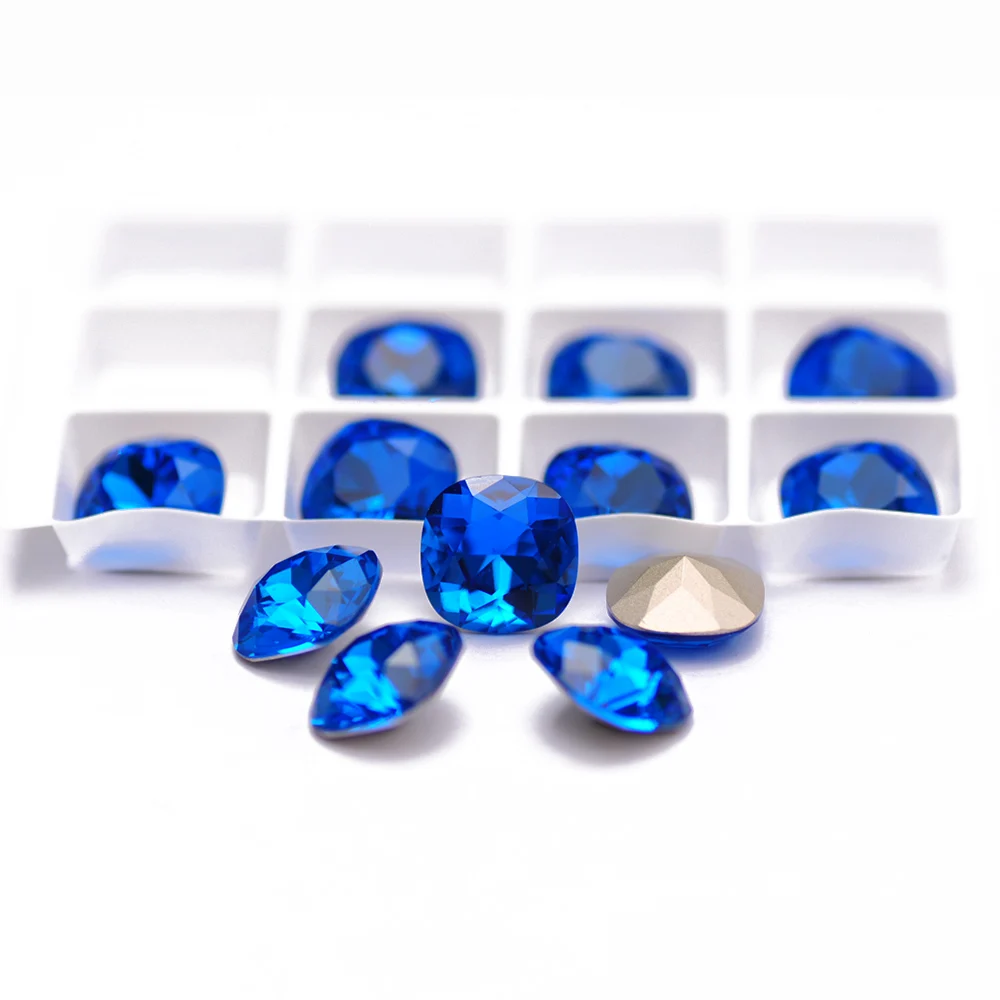 Charms Blauer Diamant Kissenförmiger Schliff Strass Chaton Pointback Aufnähbare Strasssteine DIY Handarbeitszubehör für Kleidung und Kleider
