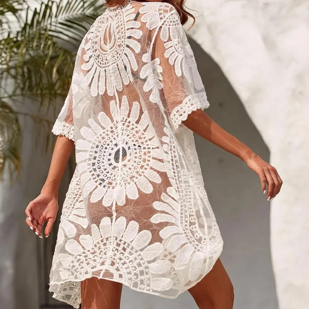 One Size Chic Open Stitch Summer Beach Dress Perspective Summer Beach Cover Up Flower Embroidery Female Garment