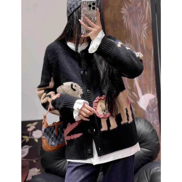 100% pure cashmere sweater for women Autumn/Winter High-grade loose-thickened Zoo Europe Station short sweater knitted cardigan 1