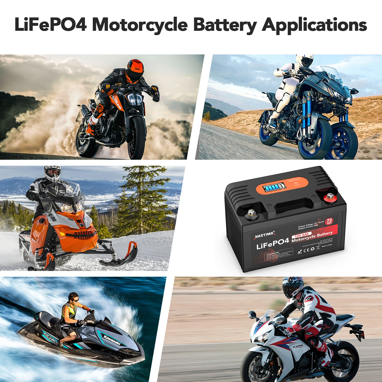  NASTIMA Batterie Moto YTX7A-BS, 12V 6Ah 72Wh, LiFePO4