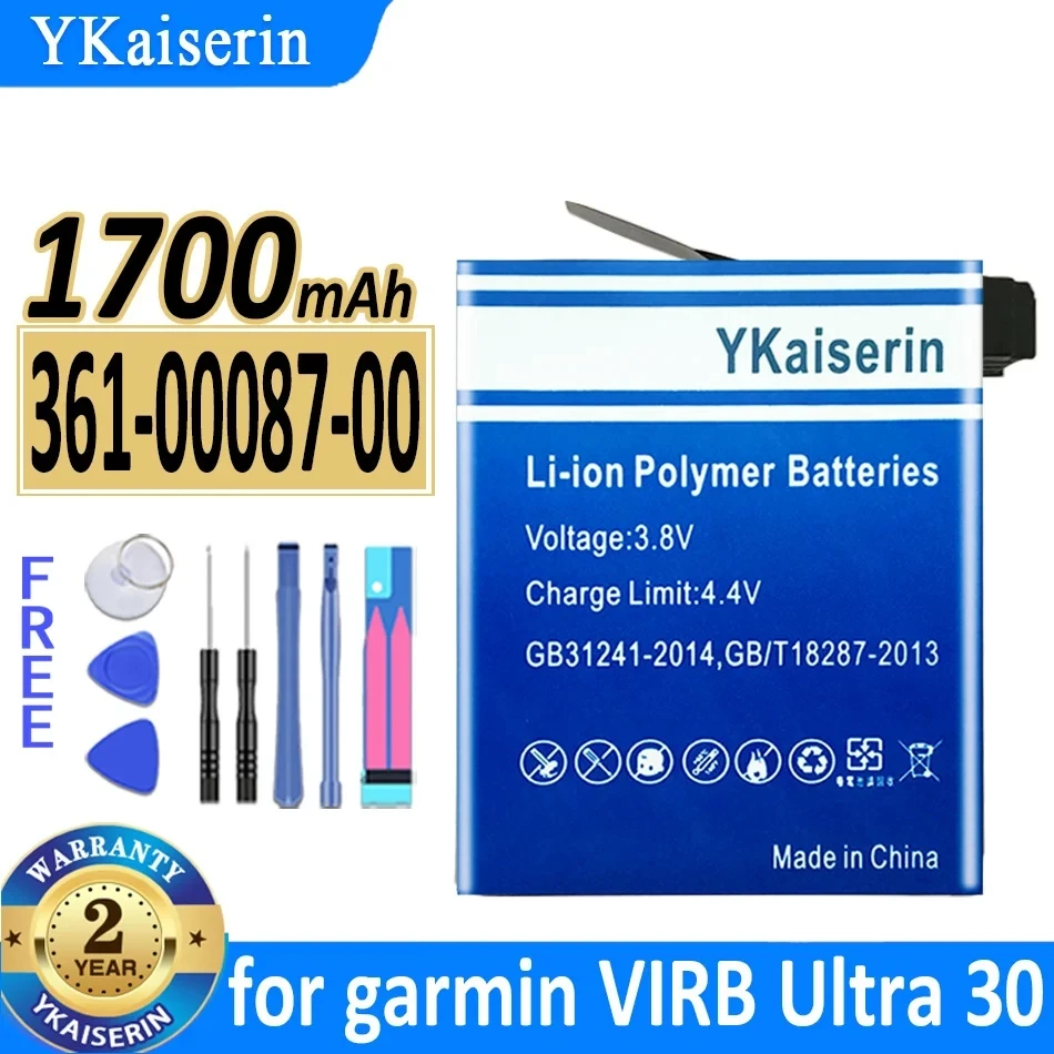 

YKaiserin 1700mAh Replacement Battery 361-00087-00 for Garmin VIRB Ultra 30 Ultra30 High Capacity Bateria Free Tool Track Code