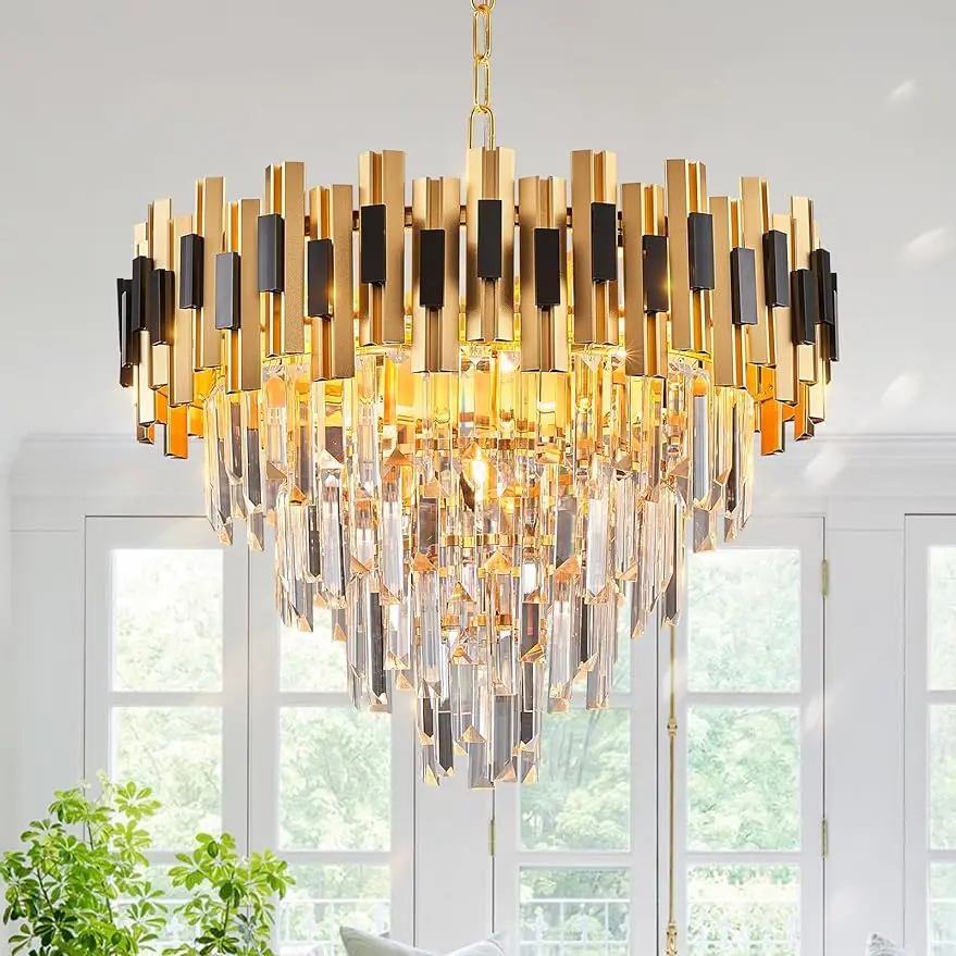 

Crystal Chandeliers,Black and Gold Large 20” Round Chandelier for Dining Room,Luxury Ceiling Pendant Light Fixture 4 Tiers K9