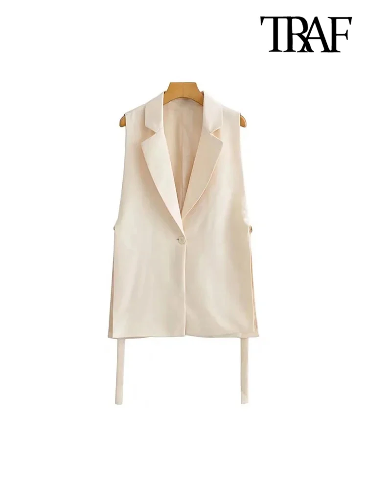 TRAF Women Fashion With Taps Side Vents Waistcoat Vintage Sleeveless Front Button Female Outerwear Chic Vest Tops 4