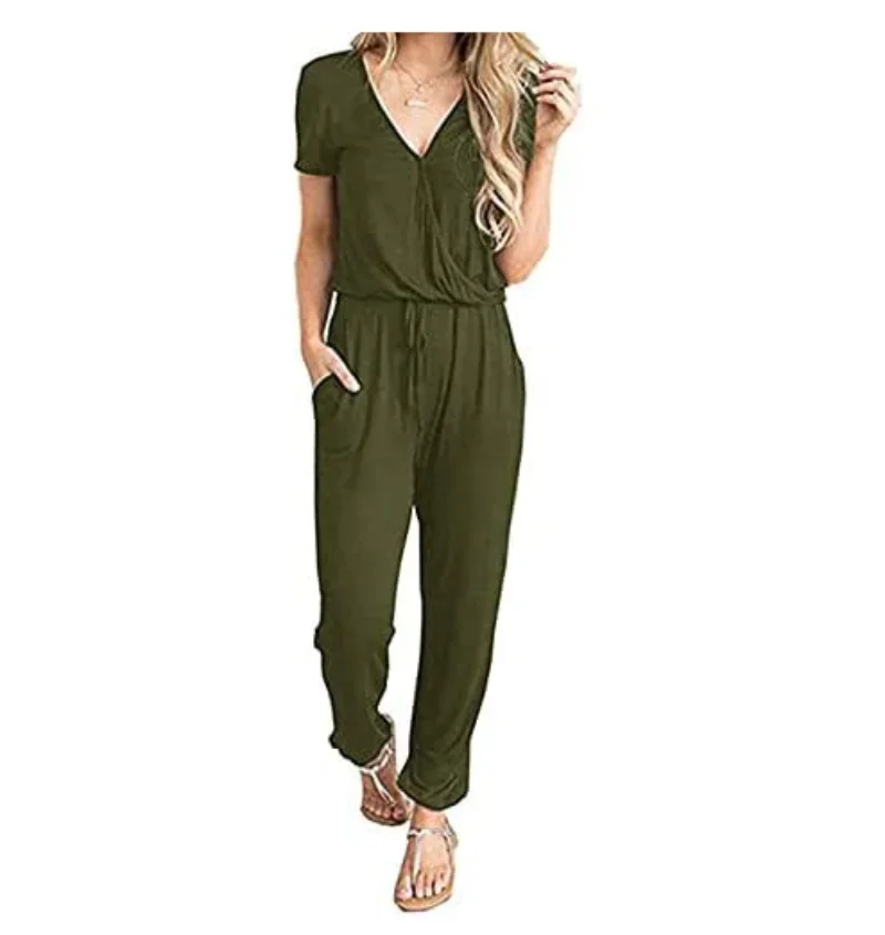 Women Sexy V Neck Cotton Bodysuit Short Sleeve 2023 Summer Autumn Clothing Wear Sexy Slim Long Cotton Bodycon Bandage Jumpsuit