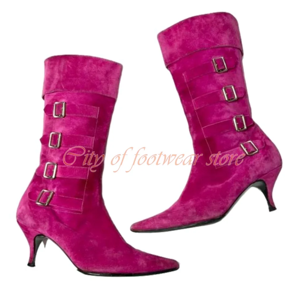 

Suede Leather Pointed Toe Kitten Heel Tall Boots Pink, Fuchsia Buckle Mid Calf Boots Women Luxury Design Shoes 2022 Winter New