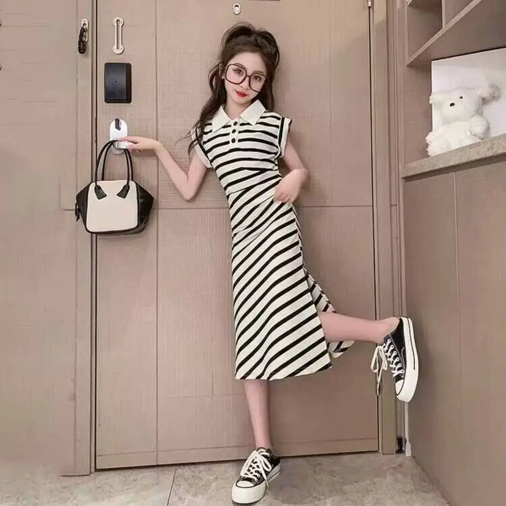 Princess Children Stripe Long Dress Short Sleeve Skirt Summer Kids Dresses Teenagers Party Girls Stripe Dress Beach Vacation