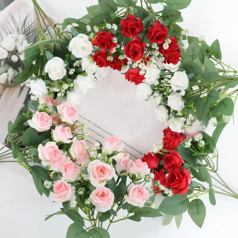 26cm Artificial Rose Flower Bouquet With Green Leaves Stem Realistic Reusable Faux Floral Plant Home Decoration Wedding Party