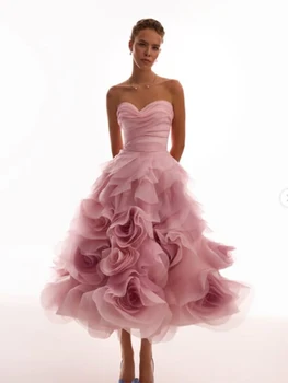 Vintage Sweetheart Floral Prom Dresses Sleeveless Ruffles Tea-length Formal Party Evening Gown Lace-up Back Cocktail Dress 1