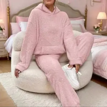 2025 Women Pajamas Set Winter Sleepwear Fluffy Hooded Women Lounge Set Thicken Velvet Ribbed Fleece Set Pullover And Pants Sets