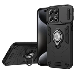 Magnetic Ring Shockproof Armor Case with Slide Lens Protection Cover for Xiaomi 14T (HRtc-Black)
