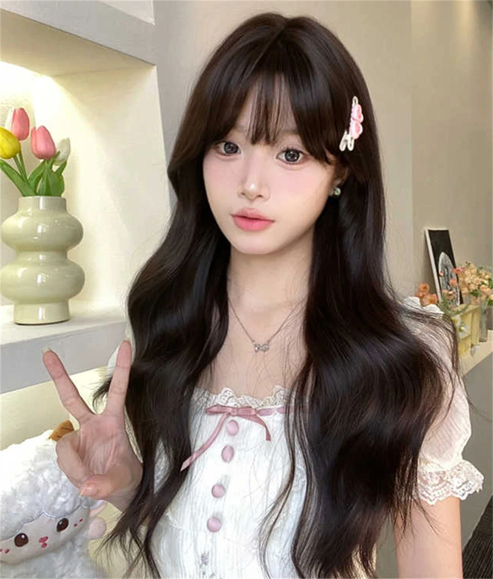 Synthetic Brown Long Deep Wave Wig For Women With Bangs