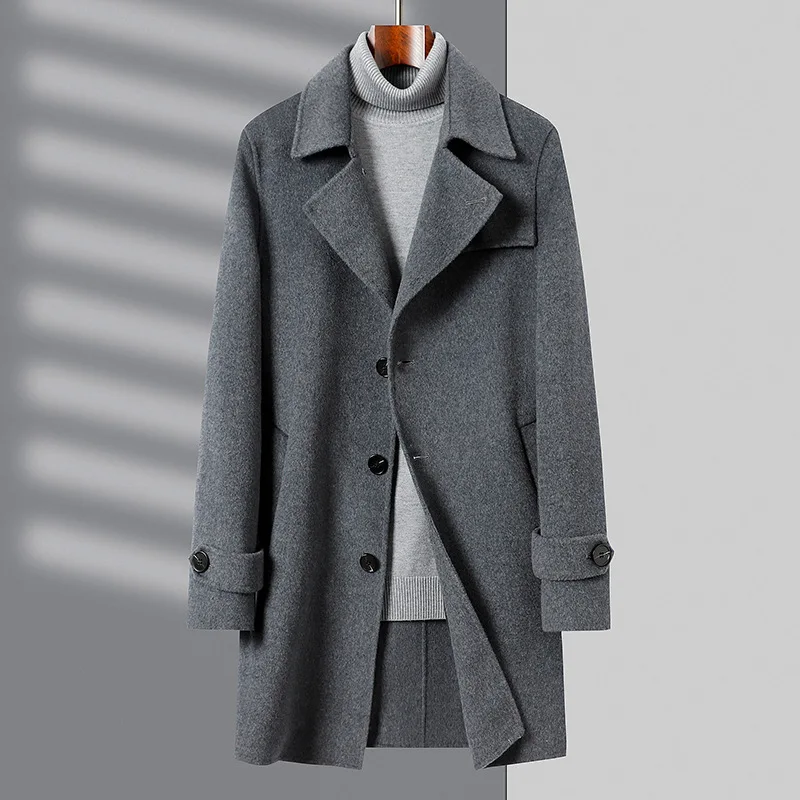 

Temperament Men's Long Wool Jacket 2023 Autumn Winter High Quality Black Gray Elegant Trench Coat Casual Office Male Windbreaker