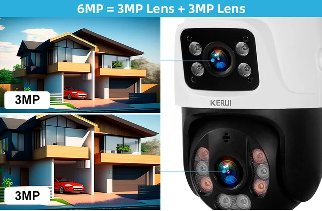 KERUI 6MP WIFI IP Camera Outdoor PTZ Dual Lens Dual Screen Auto Tracking Waterproof Security Surveillance Police Light Alarm 2
