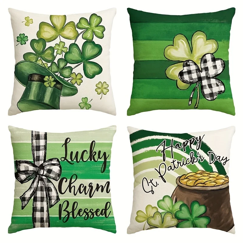 

4pcs ST Patrick's Day Lucky Charm Blessed Hat Clover Stripes Throw Pillow Covers 18X18 Inch Plaid Bow Shamrocks Decoration