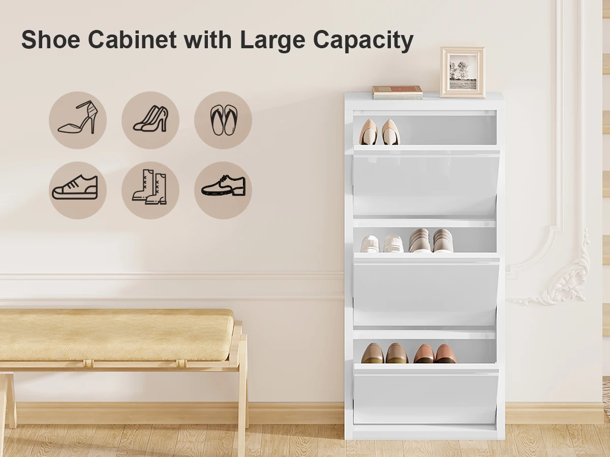 WOLTU Schuhaufbewahrung, 50 x 106 x 15 cm, Schuhschrank mit 3 Klappen, geschlossener Schuhständer, schmaler Schuhschrank mit Schubladen für Flur, Wohnzimmer – Detail 10