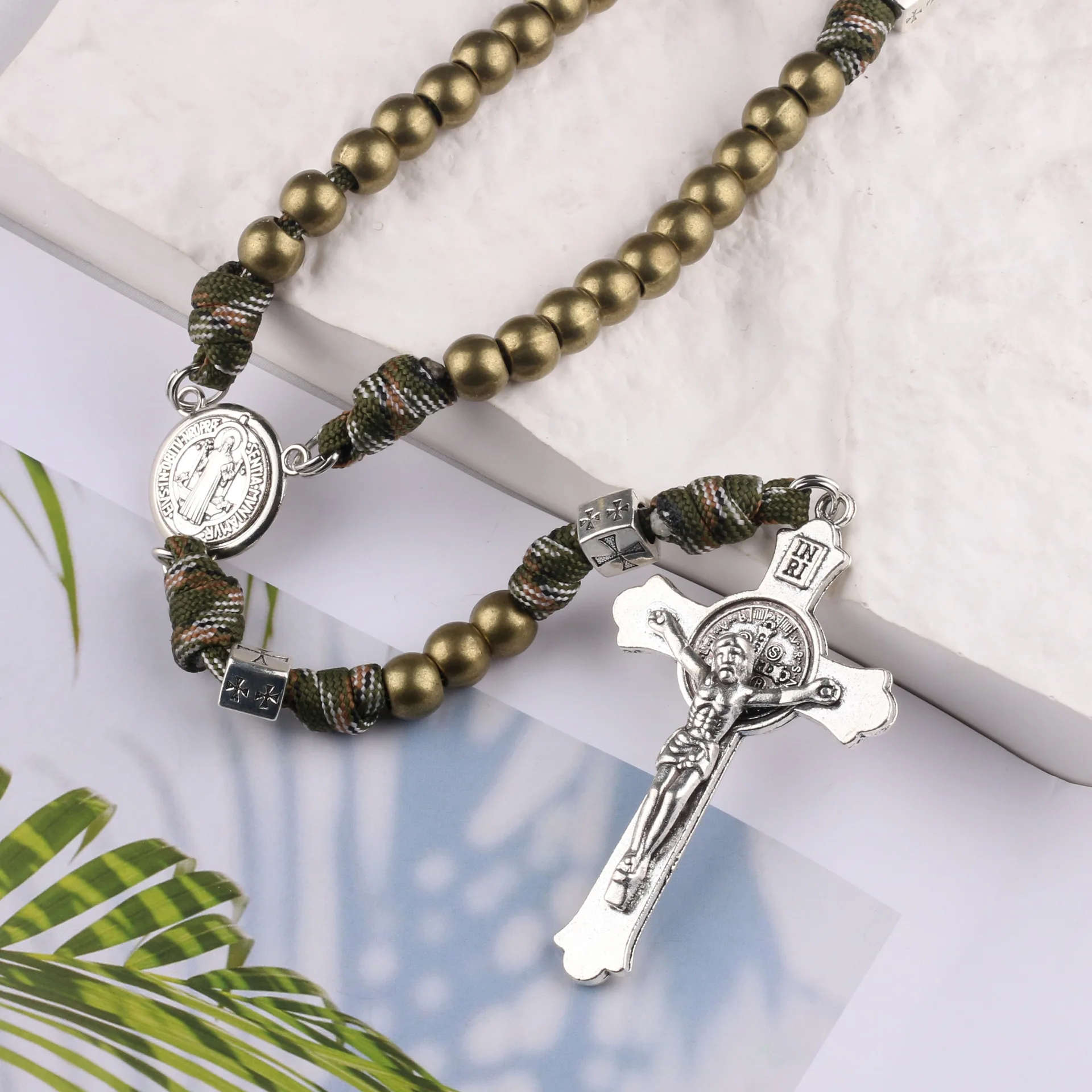Vintage Alloy Cross Saint Benedict Pendants Exorcist Men's Braided Rope Cold Wind Prayer Bead Necklace Party Jewelry 3