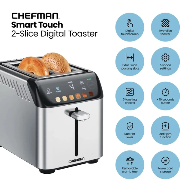 Chefman 2-Slice Pop-Up Stainless Steel Toaster 7 Shade Settings Extra Wide Slots