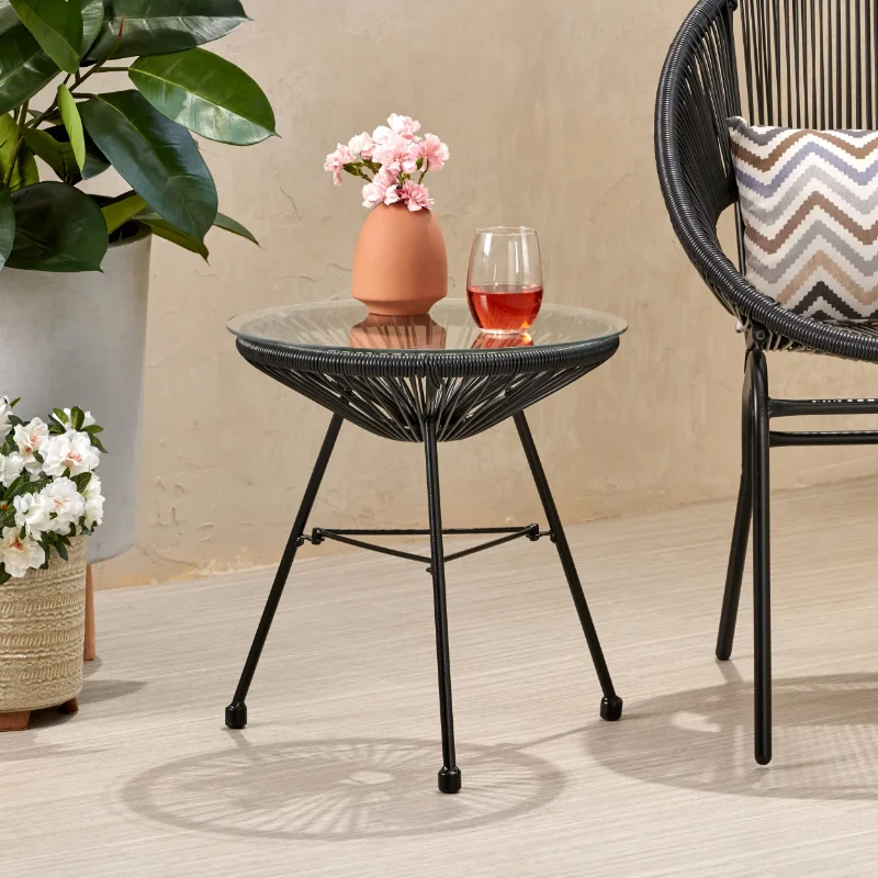 Hayk Outdoor Modern Faux Rattan Side Table with Tempered Glass Top, Black 17.75 X 17.75 X 18.00 Inches  Desk Table  Mesa