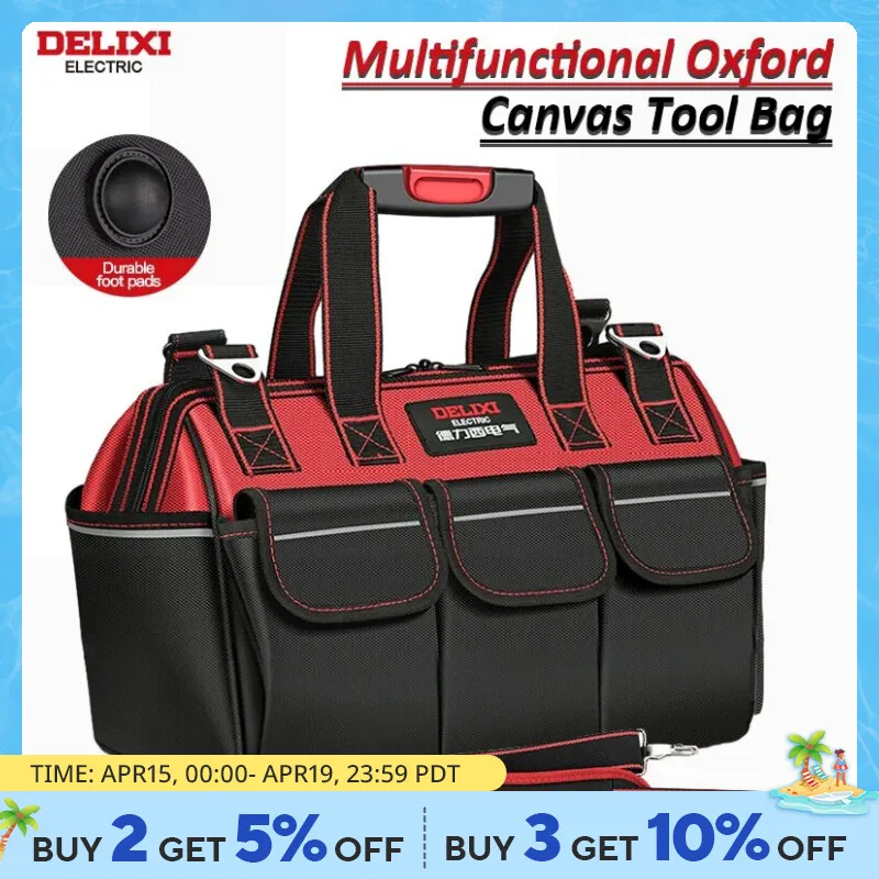 DELIXI ELECTRIC Oxford Canvas Tool Bag Multi-pocket Storage Household Multifunctional Electrician Special Wear Resistant Workbox