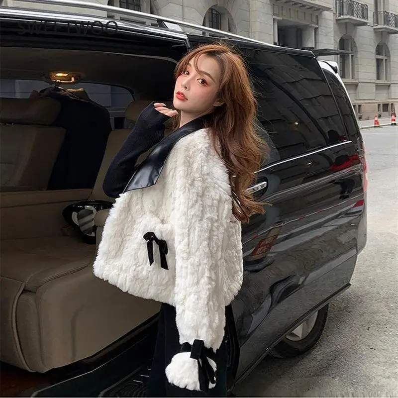 Winter Warm Faux Fur Coat Women Patchwork Elegant Thick Fleece Overcoat Female Korean Fashion Bow Designer Wool Short Coat 2022