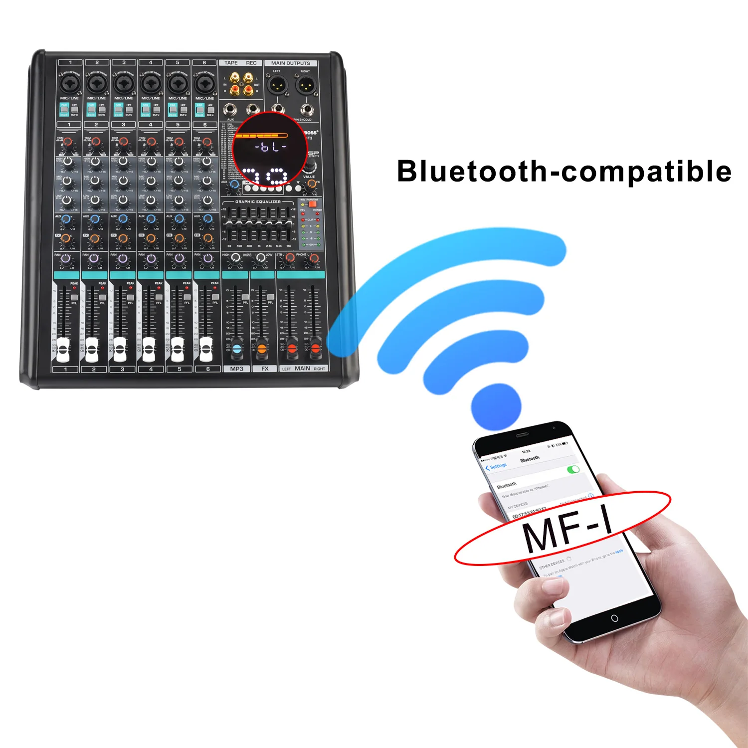 6 Mono Channel Mixing Console Monitor 99 DSP Effect Bluetooth Audio Table 7 Band EQ USB Record Sound Mixer Desk AM-UT2 audio mixer