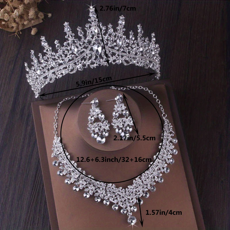 Bridal Jewelry Set 3Pcs Regal Bridal Crown and Jewelry Set in Silver-Plating for Weddings & Gifts