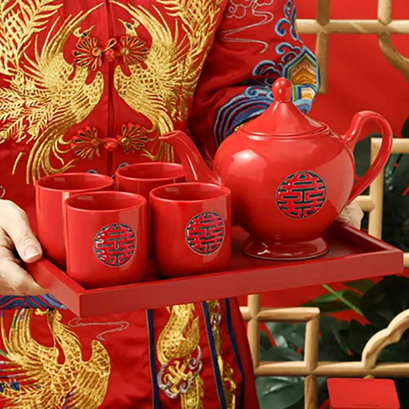 Chinese Wedding Teapot Set, Red Tea Pot, Cup Bowl, Ceramic Teaware, Exquisite Bride Souvenir Gift, Dowry, Marriage Celebration