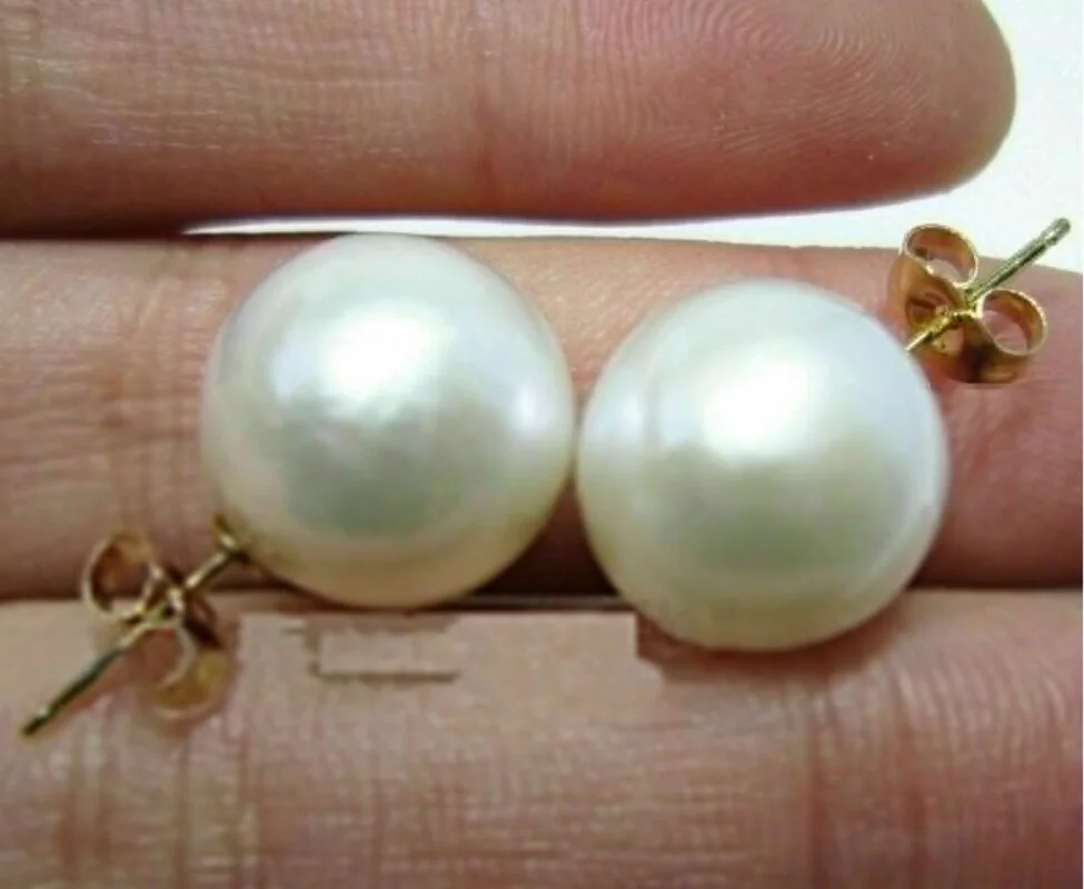 

New Huge 11-12mm South China Sea White Pearl Earrings in 14K Gold