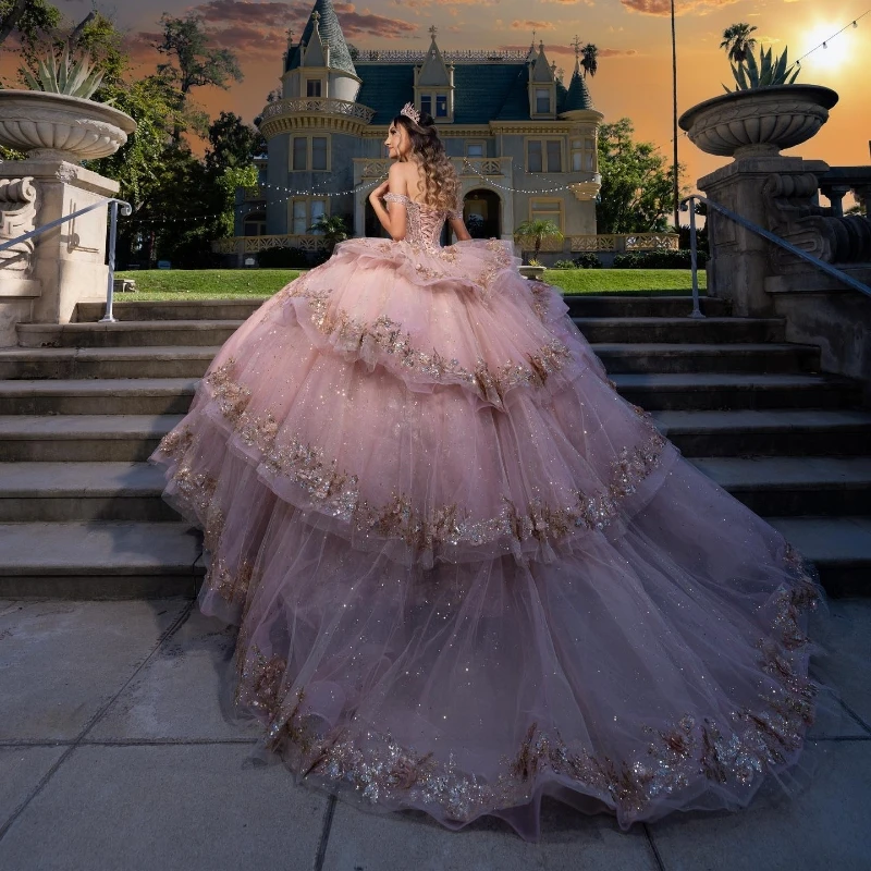 

Pink Shiny Off The Shoulder Quinceanera Dresses Princess Prom Gown Tulle Lace Up Gold Appliques Beads Sweet 15 Dress Balll Gown