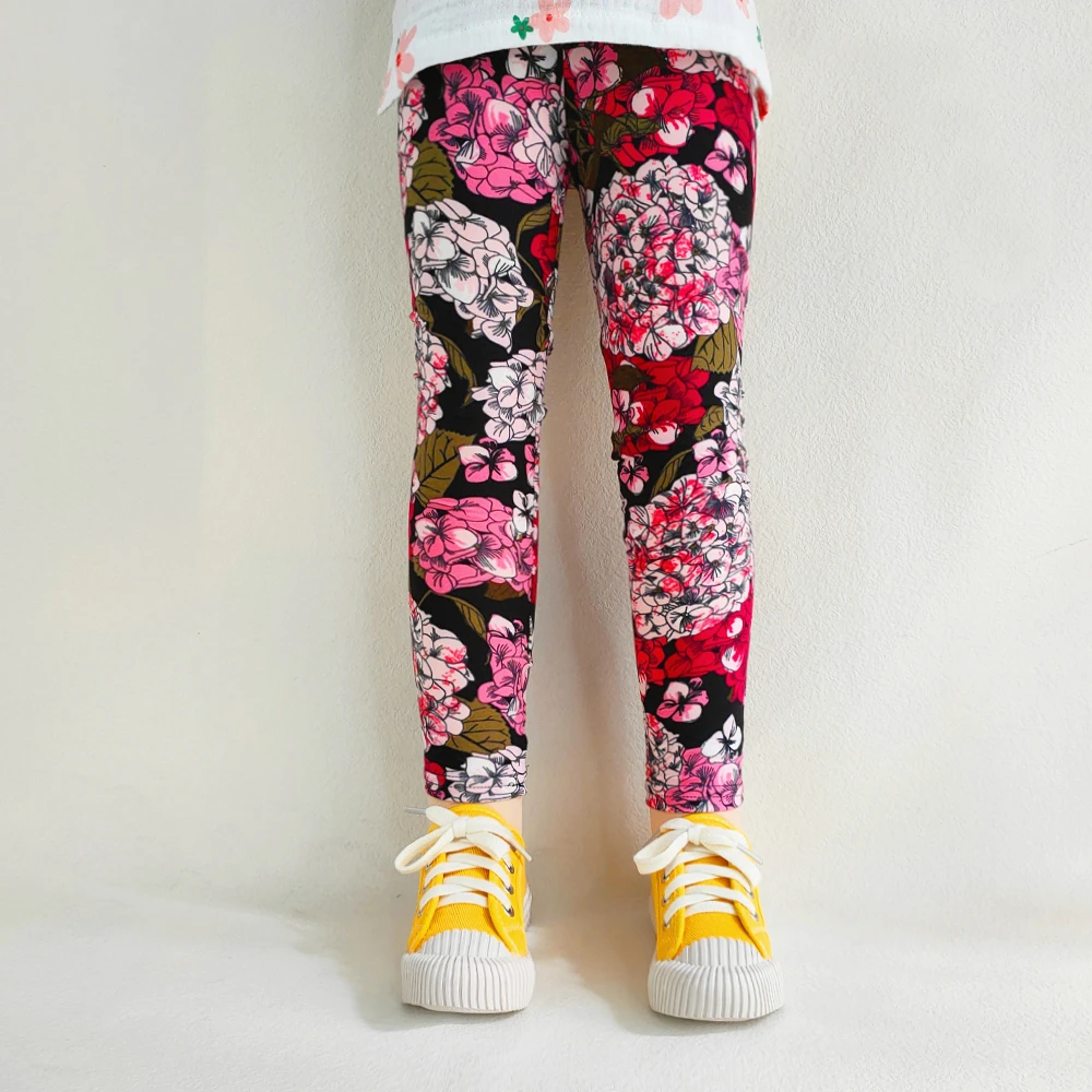 Leggings apertadas para desenhos animados para meninas, calças florais slim fit, moda infantil, primavera e outono