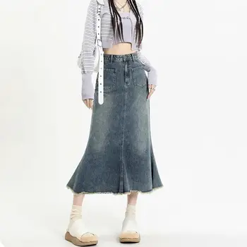 Jupe en jean rétro taille haute pour femmes, nouveau Design de Niche, jupe en queue de poisson, mi-longue, jupe en jean trapèze