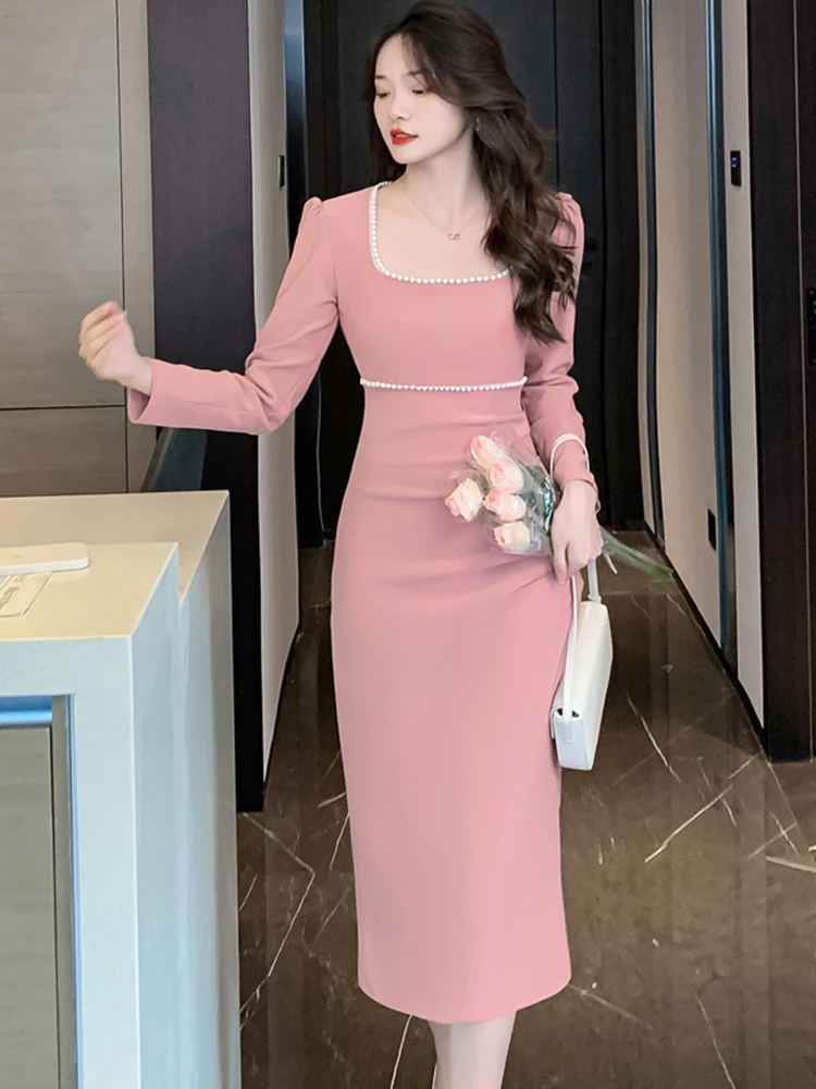 Autumn Fashion Pink Beading Ruched Slim Party Dress Women
