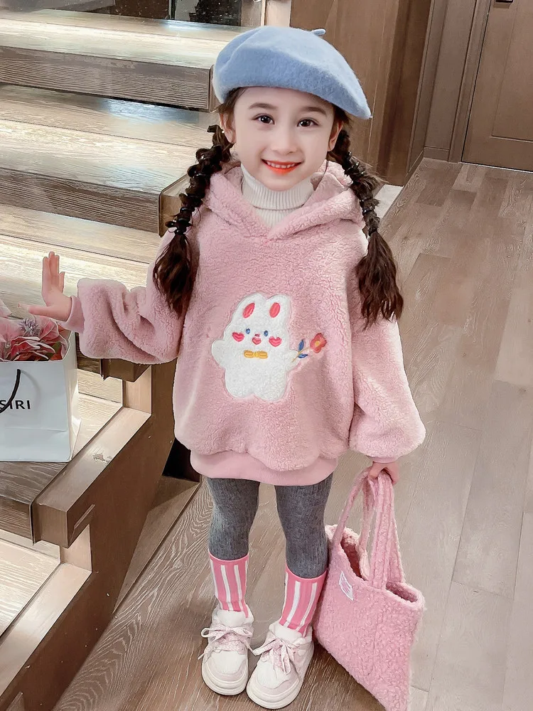 

Girls' Fleece-Lined Sweater Autumn and Winter 2023 Little Girl Lamb Fur Rabbit Hooded Coat Baby Thickened Deep Autumn Clothes