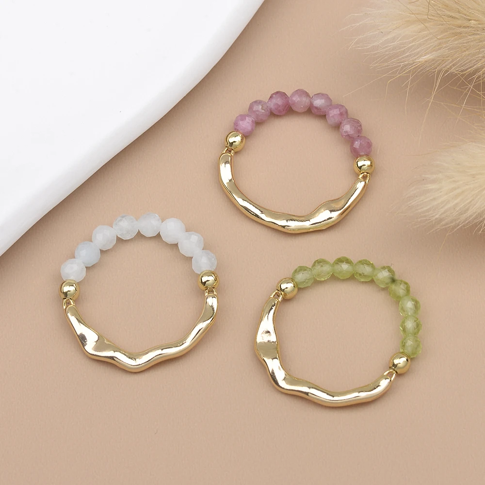 3MM Natural Stone Yellow Opal Moonstone Lapis Faceted Beads Round Beads Brass Stretchable Rings Fashion Jewelry For Women Gift