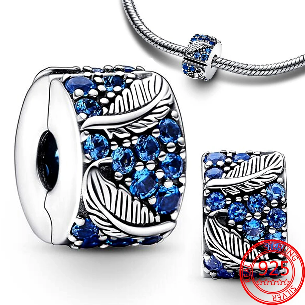 Abalorio de pluma curvada azul diferente, compatible con pulsera Pandora, collar Original de Plata de Ley 925, cuentas, regalo de joyería para mujer