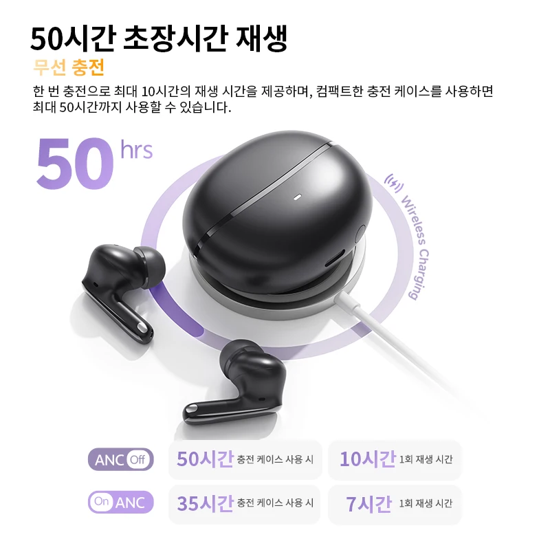 QCY MeloBuds N70 ANC 무선 이어버드, 블루투스 6.0, 적응형 노이즈 캔슬링, LDAC, 고해상도 오디오, 6개 마이크, ENC 이어폰, 50시간 재생, 무선 충전, 헤드폰, 인이어 감지