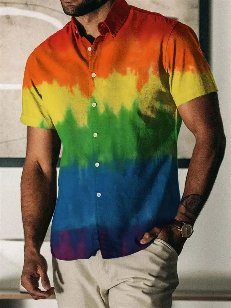 Hawaii Men's Shirts Rainbow Pattern 3D Printing Short Sleeve Lapel Button Casual Streetwear Vintage Floral Social Clothing Sale 2
