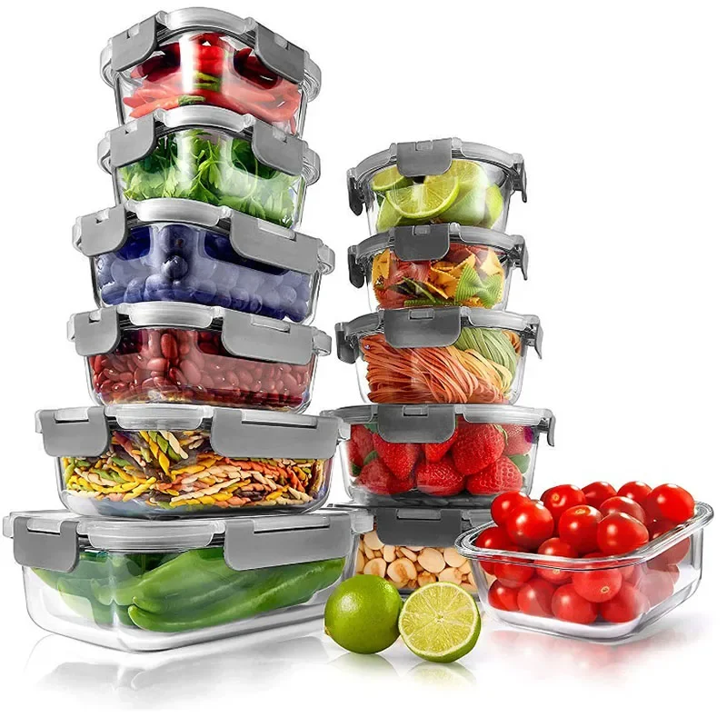 

Набор стеклянных контейнеров для хранения пищевых продуктов из 24 предметов, Штабелируемый дизайн, закрывающиеся крышки без БФА