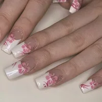 Mid-length Coffin Fake Nails 24Pcs White French Tip Ballerina Press On Nail Pink/White Flower Printed Spring/Summer DIY Manicure 1