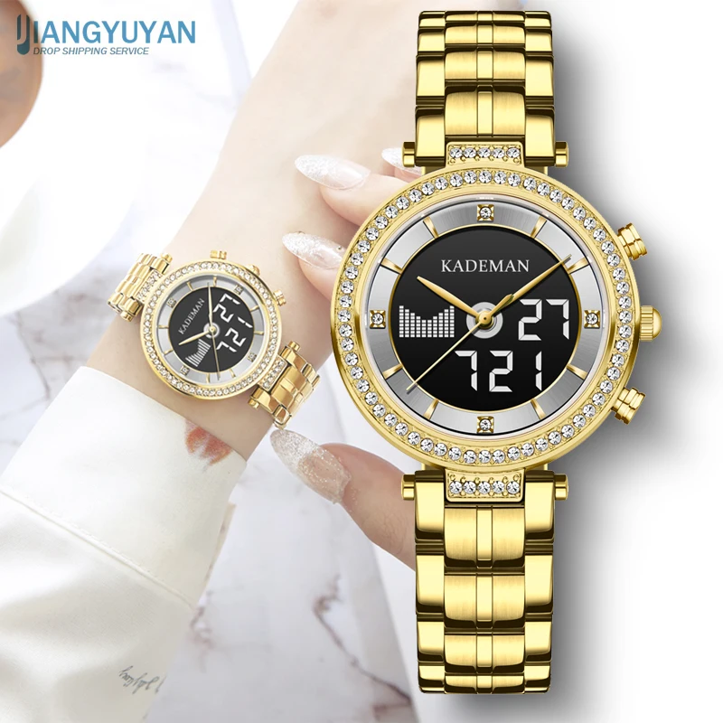 

New Womens Watch Golden Digital Shockproof Waterproof Luxury Ladies Ar Metal Watch bracelets Rhinestone Bu Watches montre femme