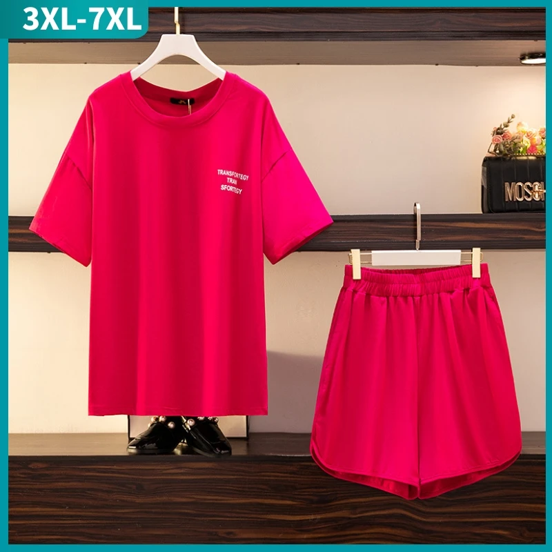 

New 2022 Summer Plus Size Women Sports Sets Large Loose Red Cotton Backless T-shirt And Shorts Training Suit 3XL 4XL 5XL 6XL 7XL