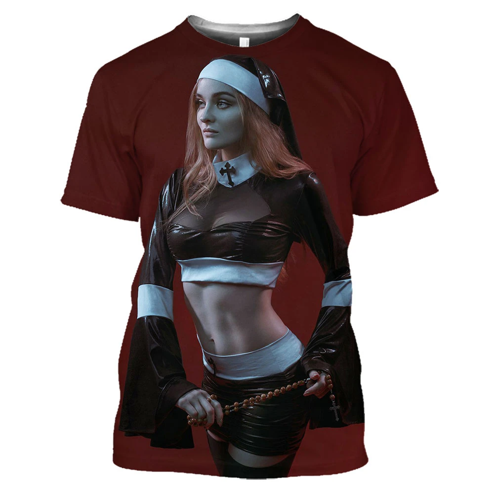 3D T Shirt Hot Sexy Nun Nonne Religieuse Pin Up Church of Satan Anton Lavey  Satanic Occult Goth Gothic Tees Hentai Girls Tops