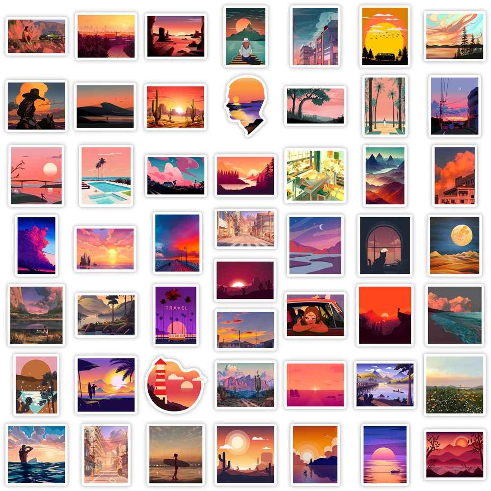 Aesthetic Sunset Illustration Arts Stickers DIY Toys Gift Waterproof Decal for Scrapbook Laptop Phone Luggage Bottles Decorative