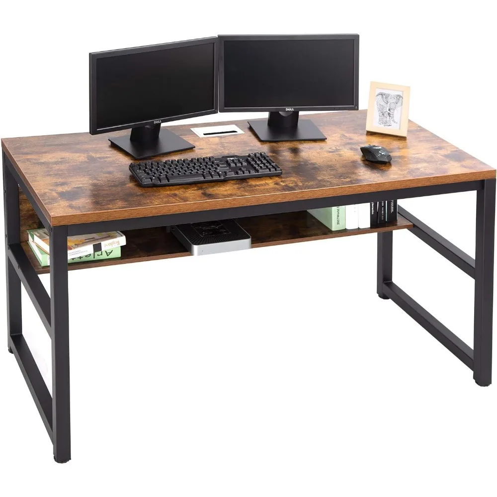 Computer Desk with Bookshelf/Metal Hole Cable Cover 1.18" Thick Desk (55", Rustic Brown)