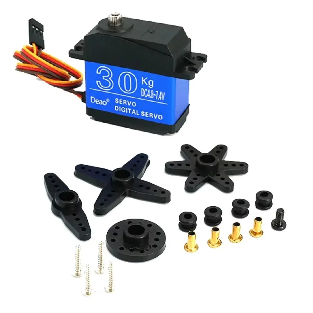 Servomoteur RC étanche 30kg installé sur un châssis de voiture, câbles branchés