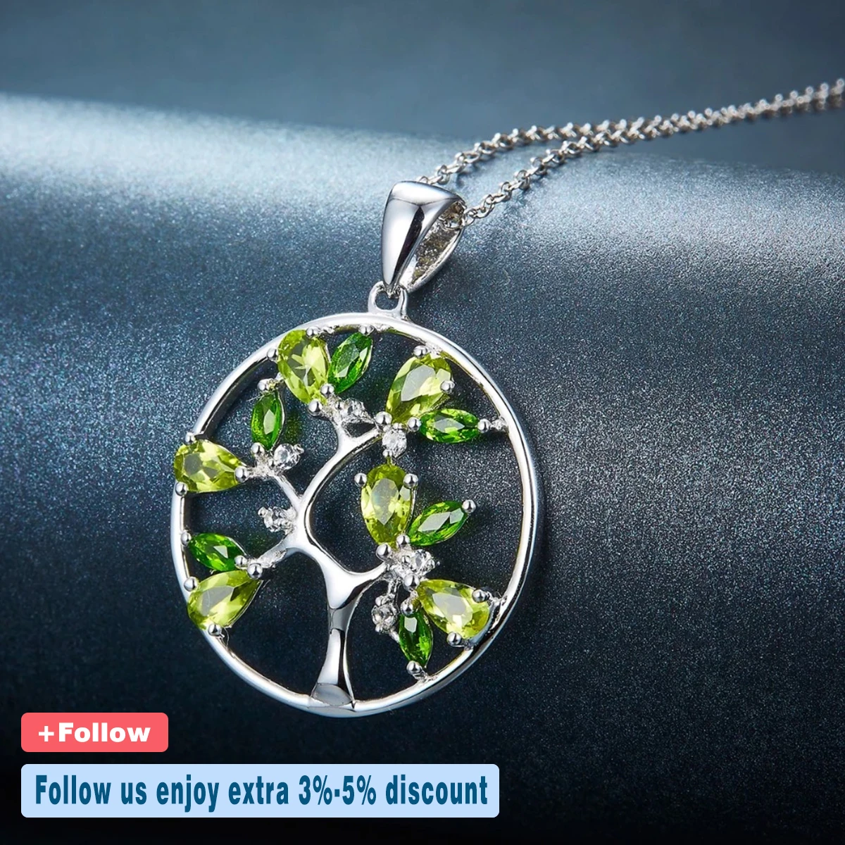 925 Sterling Silver Chain Peridot Tree Pendant Diopside Gemstone Classic Style Fine Jewelry for Women's Birthday Gift