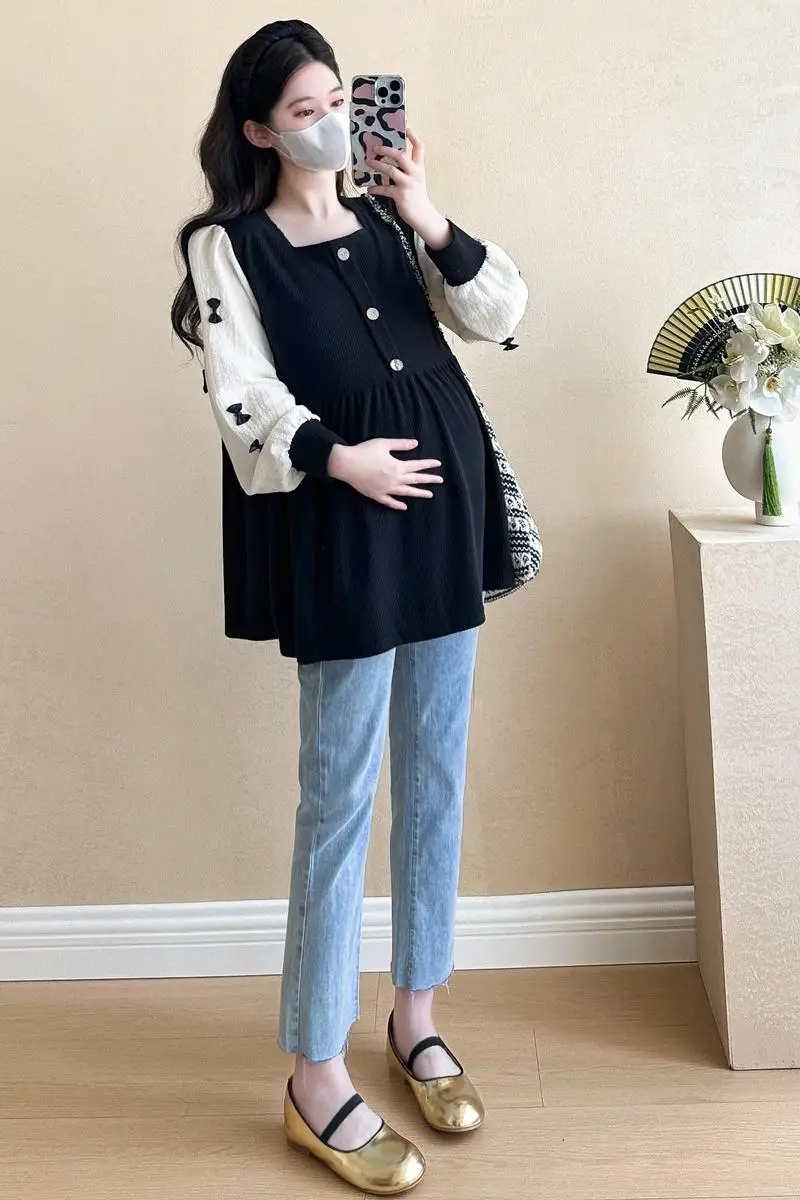 Autumn Winter Sweet Fashion Shirts for Maternity Elegant A Line Loose Blouse for Pregnant Women Patchwork Pregnancy Tops