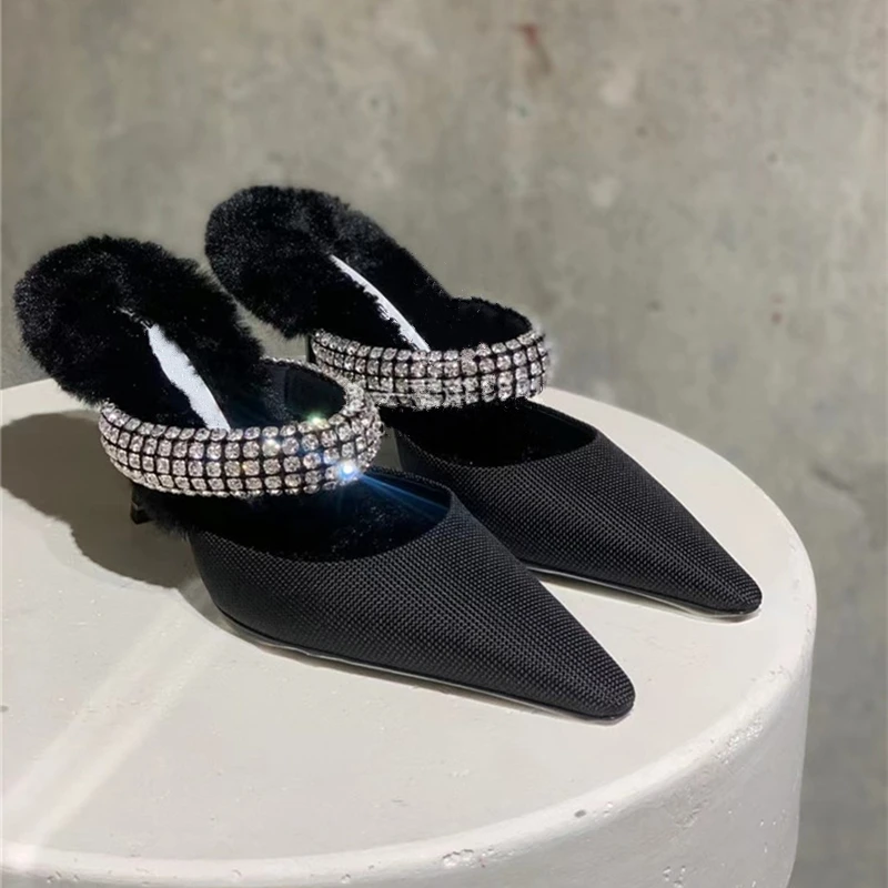 

Crystal Strap Pointed Slippers Plush Slingback Female Pumps Simple Fine Heel Sandals Slip On Shallow Women Mules Stiletto